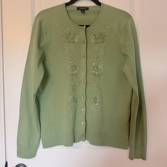 Lands' End Olive Embroidered Size Medium Cardigan - Picture 1 of 6